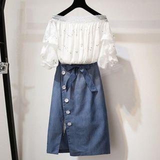 Set: Off Shoulder Elbow Sleeve Blouse + Striped Midi Denim Skirt