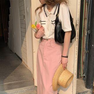 Short-sleeve Contrast Trim Collared Knit Top