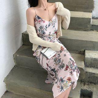 Crop Cardigan / Spaghetti Strap Floral Print Midi Dress