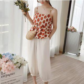 Set: Spaghetti Strap Dotted Top + Chiffon Cropped Pants