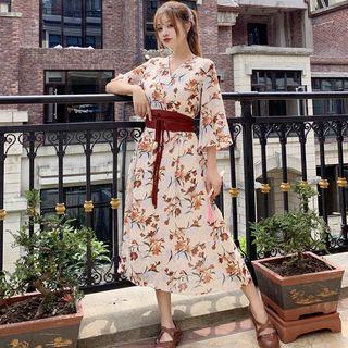 Elbow-sleeve Hanfu Midi Dress With Belt