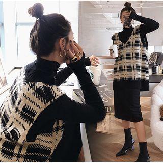 Set: Long-sleeve Midi A-line Dress + Plaid Knit Vest Dress - Black - One Size / Vest - Plaid - Black - One Size