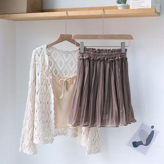 Crochet Knit Cardigan / Cropped Drawstring Camisole Top / Mini A-line Skirt