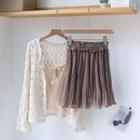 Crochet Knit Cardigan / Cropped Drawstring Camisole Top / Mini A-line Skirt