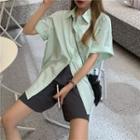 Plain Loose-fit Short-sleeve Shirt Mint Green - One Size