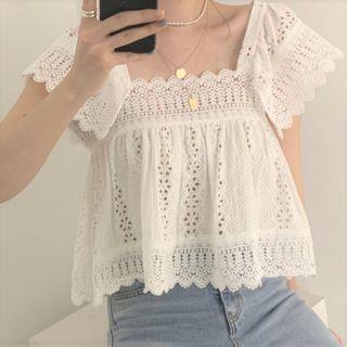 Cap-sleeve Lace Blouse White - One Size