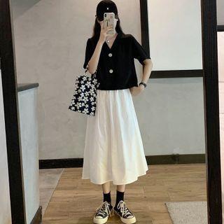 Short-sleeve Plain T-shirt / Button-up Top / Midi Skirt / Set