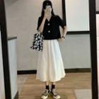 Short-sleeve Plain T-shirt / Button-up Top / Midi Skirt / Set