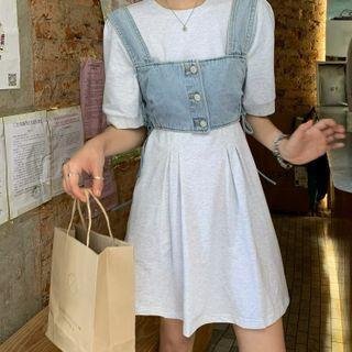 Cropped Denim Vest / Short-sleeve Mini Shift Dress