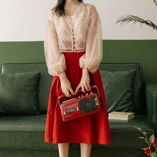 Set: 3/4-sleeve Dotted Blouse + Midi A-line Skirt + Camisole Top