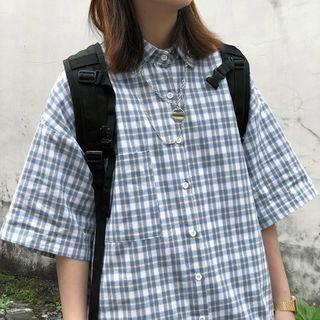 Elbow-sleeve Plaid Shirt Light Blue - One Size