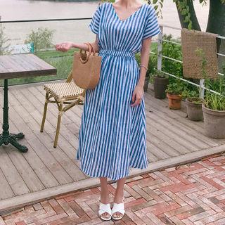 Smocked-waist Striped A-line Dress