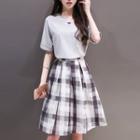Set: Plain Short Sleeve Chiffon Top + Plaid A-line Skirt