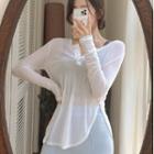 Long-sleeve Slit Round-hem Henley T-shirt Milky White - One Size