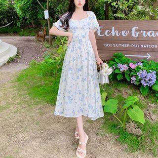 Short-sleeve Square-neck Print Chiffon Dress