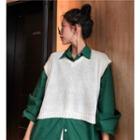 Plain Long-sleeve Loose-fit Shirt / Plain Knit Vest