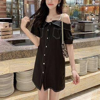 Cold Shoulder Short-sleeve Denim A-line Dress