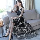 Floral Sheer Long-sleeve A-line Midi Dress