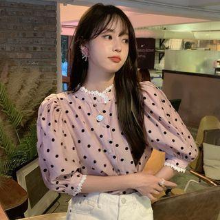 Puff-sleeve Dotted Blouse Pink - One Size