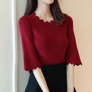 Wave Edge Elbow-sleeve Knit Top