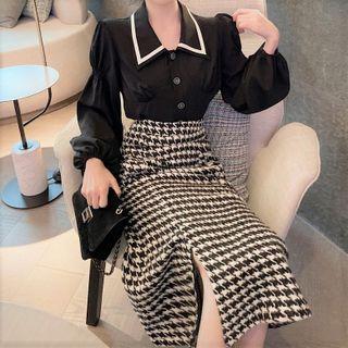 Set: Balloon Sleeve Blouse + Houndstooth Midi A-line Skirt