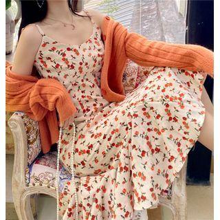 Floral Fish-tail Suspender Skirt / Long-sleeve Cardigan