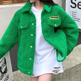 Lettering Fleece Shirt Jacket Green - One Size