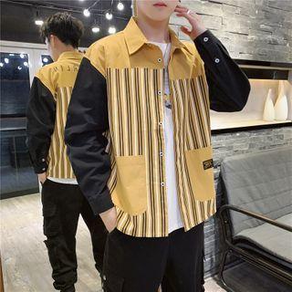 Contrast Color Striped Panel Pocket Long-sleeve Shirt
