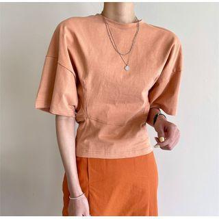 Round Neck Plain Elbow Sleeve Crop Top