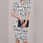 Short-sleeve Abstract Print Sheath Dress