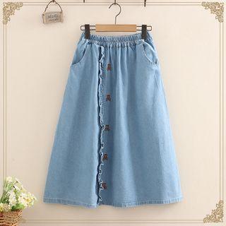 High Waist Bear Embroidered A-line Denim Skirt