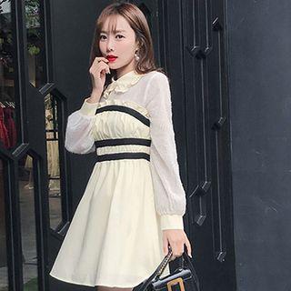 Long-sleeve Contrast Panel A-line Mini Dress