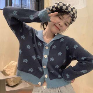 Sailor Collar Pattern Cardigan Blue - One Size