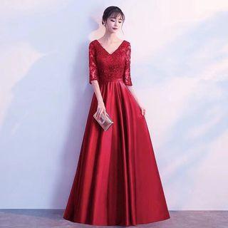 3/4-sleeve Lace Paneled A-line Evening Gown