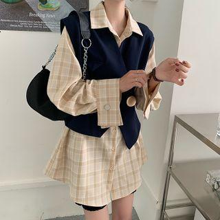 Long-sleeve Plaid Shirt / One-button Vest