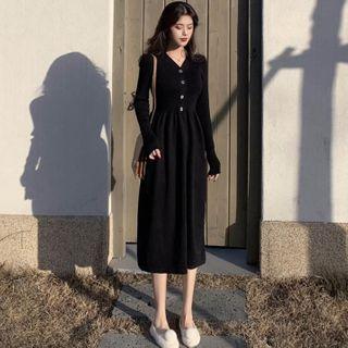 Buttoned Midi A-line Knit Dress