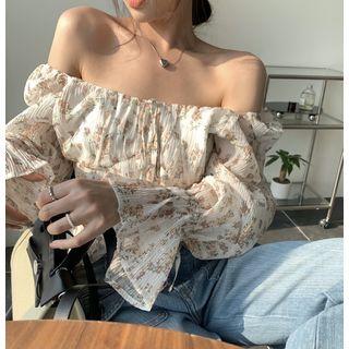 Off Shoulder Floral Blouse Beige - One Size