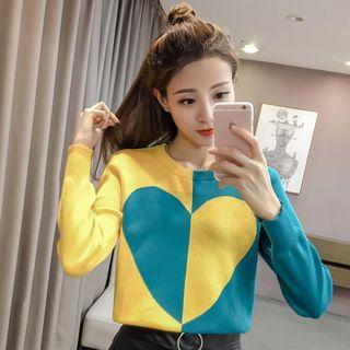 Color Block Heart Knit Pullover