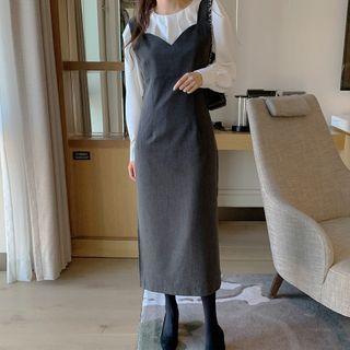 Plain Blouse / Midi A-line Overall Dress / Set