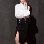 Set: High Neck Long-sleeve Blouse + Slit Midi Skirt