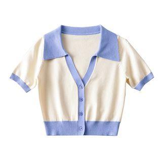 Short-sleeve Collar Two-tone Cardigan