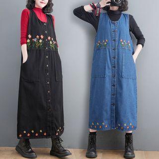 Floral Embroidered Button-up Denim Midi Overall Dress