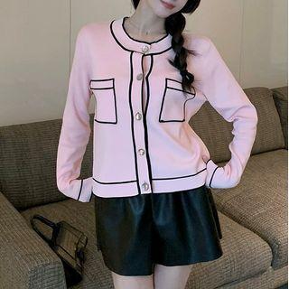 Contrast Trim Cardigan / Faux Leather Shorts