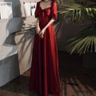 Puff Sleeve Square Neck Satin A-line Evening Gown