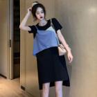 Mock Two-piece Short-sleeve Paneled T-shirt Dress