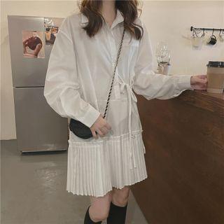 Long-sleeve Pleated Dress White - One Size