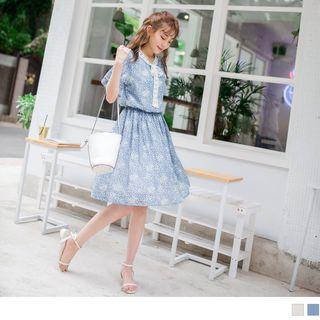 Lace Tie-neck Gather-waist Print Dress