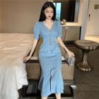 Short-sleeve V-neck Slit Denim Dress