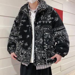 Paisley Print Fluffy Hooded Zip Jacket