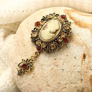 Retro Embossed Disc Rhinestone Brooch Gold - One Size